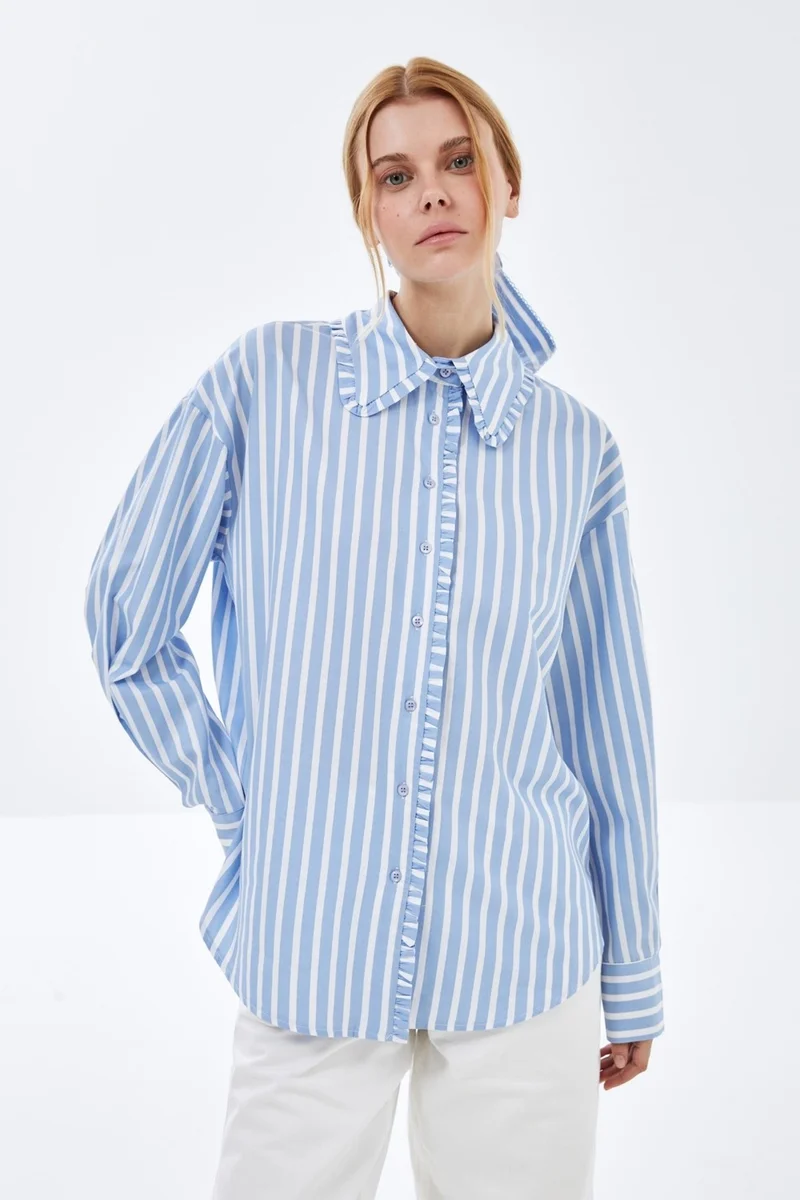بيسز اوف ميلون Poplin Shirt with Blue Striped Collar and Ruffle Detail