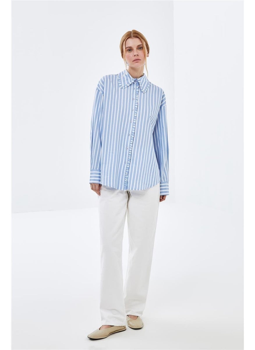 Poplin Shirt with Blue Striped Collar and Ruffle Detail - pzsku/ZB555A587469DE2AC27CFZ/45/_/1731413536/262bd276-c840-4764-9211-89ee48dda102