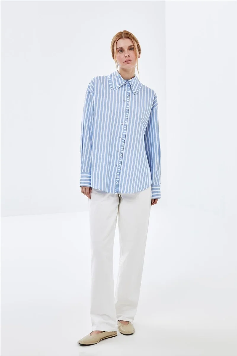 بيسز اوف ميلون Poplin Shirt with Blue Striped Collar and Ruffle Detail