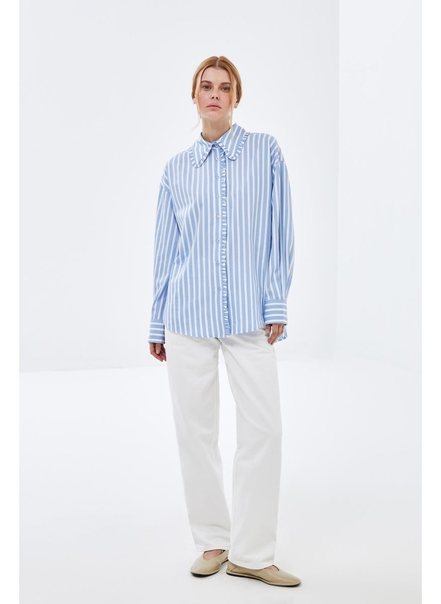 Poplin Shirt with Blue Striped Collar and Ruffle Detail - pzsku/ZB555A587469DE2AC27CFZ/45/_/1731413536/b96b5b57-2931-43bd-a5ac-68b1f1e2e46e