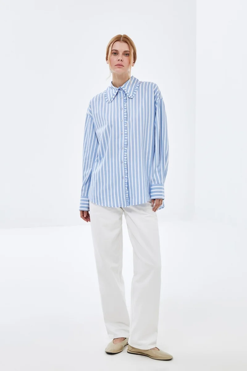 بيسز اوف ميلون Poplin Shirt with Blue Striped Collar and Ruffle Detail