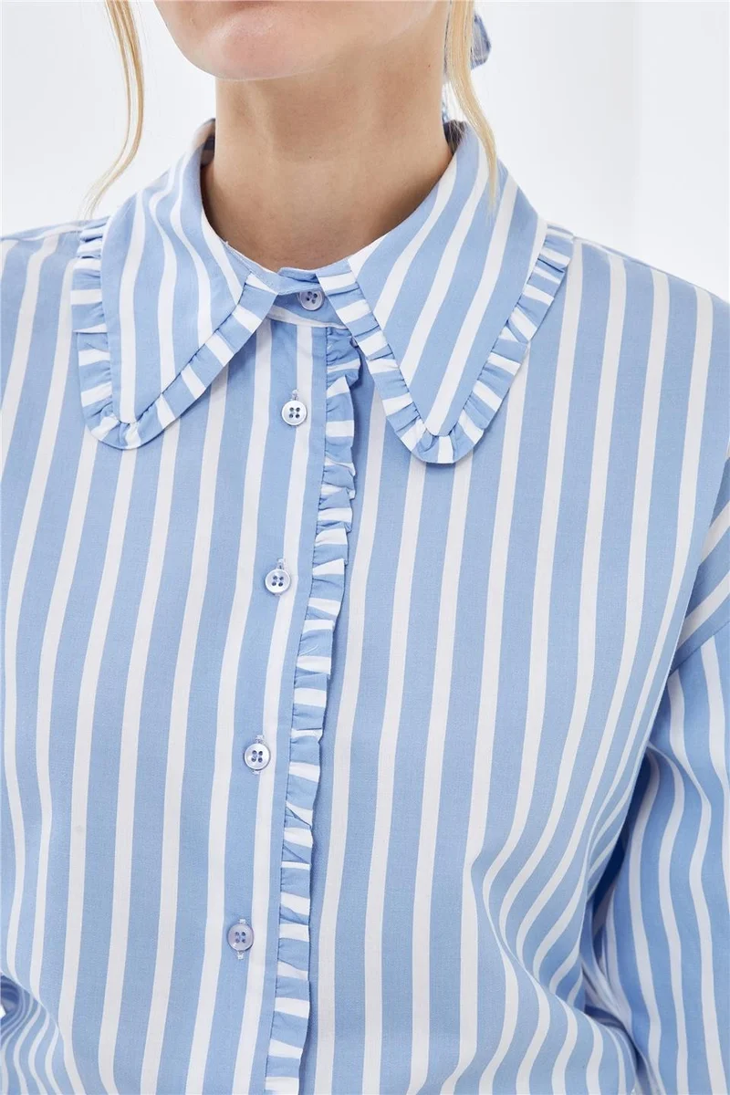 بيسز اوف ميلون Poplin Shirt with Blue Striped Collar and Ruffle Detail