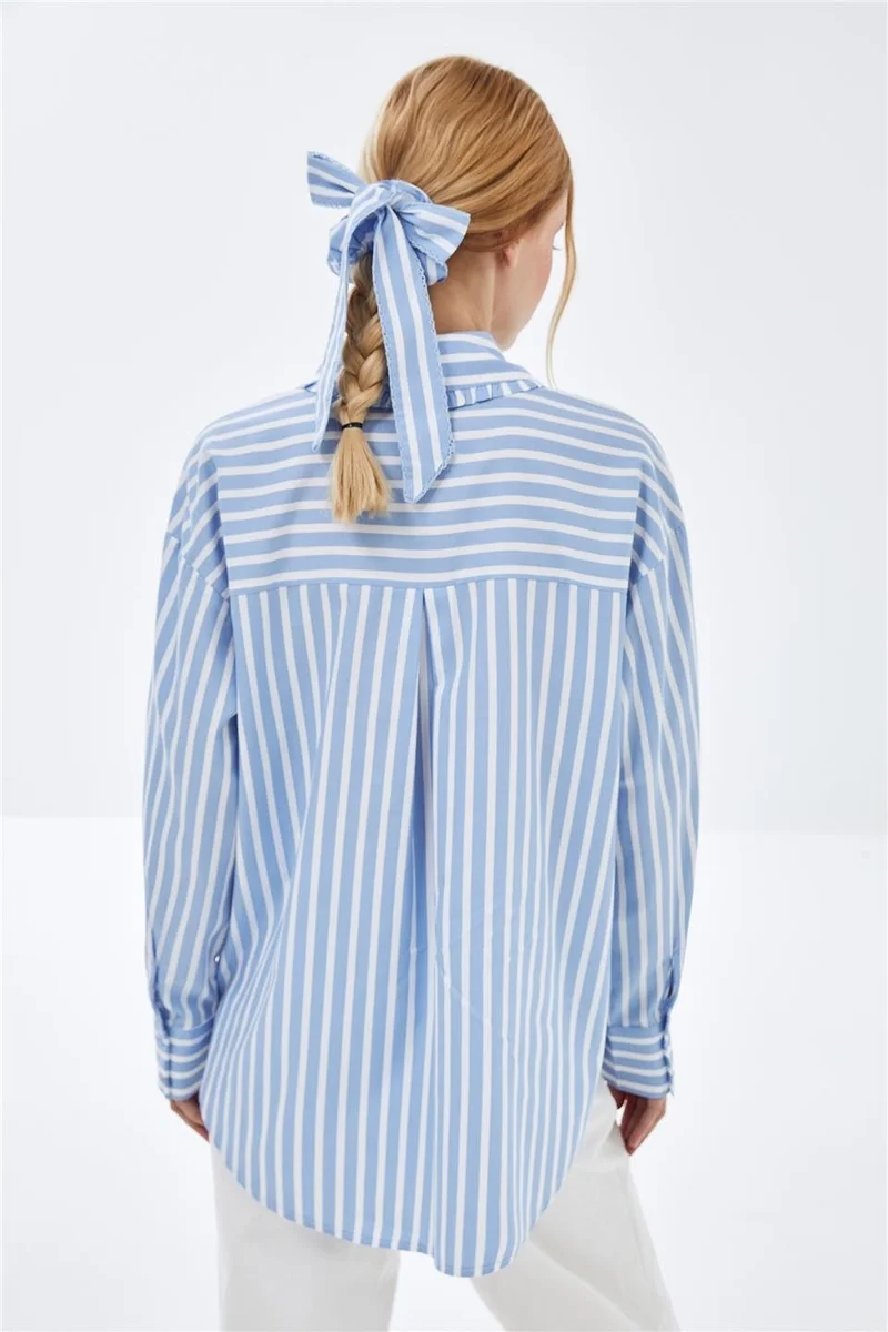 بيسز اوف ميلون Poplin Shirt with Blue Striped Collar and Ruffle Detail