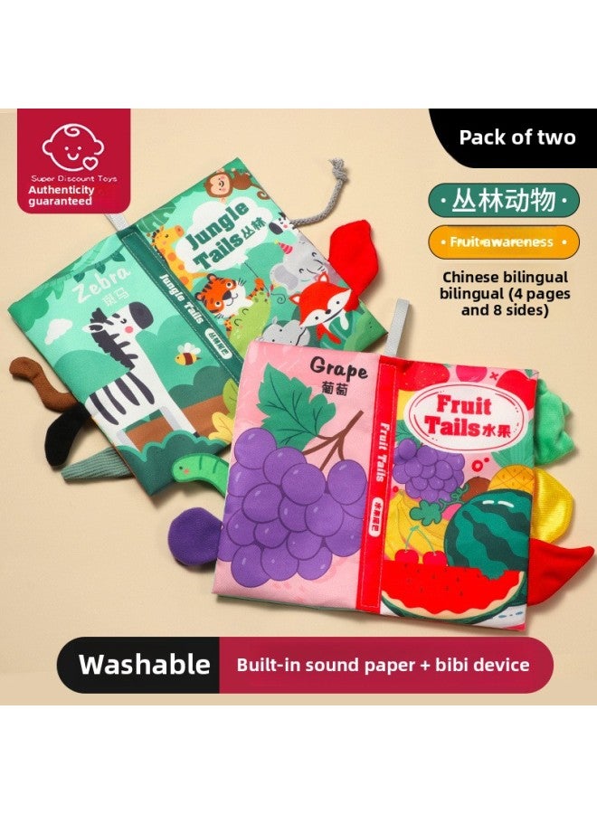 Tail Cloth Book Early Education Baby Can Bite Can Wash Tear 6 Months Baby Newborn Cognitive Educational Toy Book-Color:【6 Months Old+】jungle + Fruit-Specifications:[built-in Sound Paper + Bibi Device] Can Be Chewed/washed/tearable  - Image 1