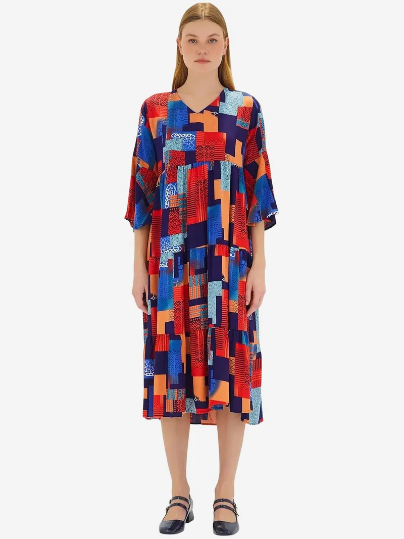 Big Dart Multicolor BDART Patterned V-Neck Midi Dress with Short Sleeves for Women | Best Price UAE
