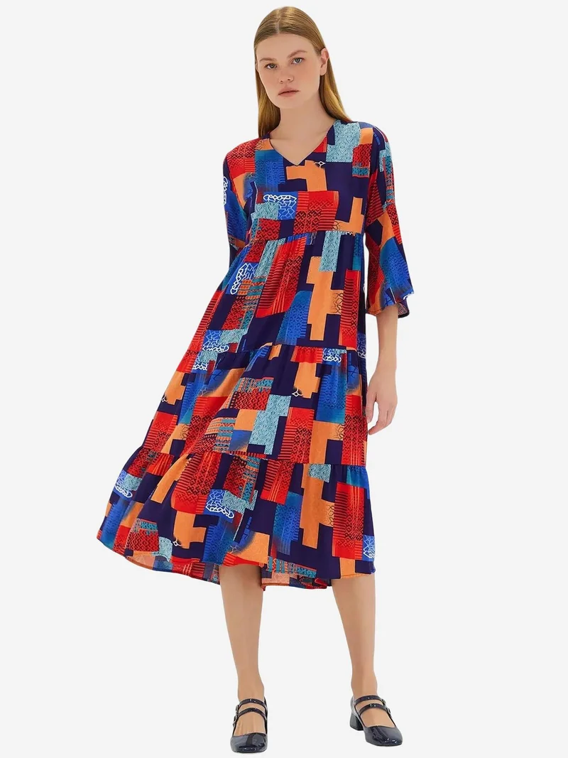 Big Dart Multicolor BDART Patterned V-Neck Midi Dress with Short Sleeves for Women | Best Price UAE