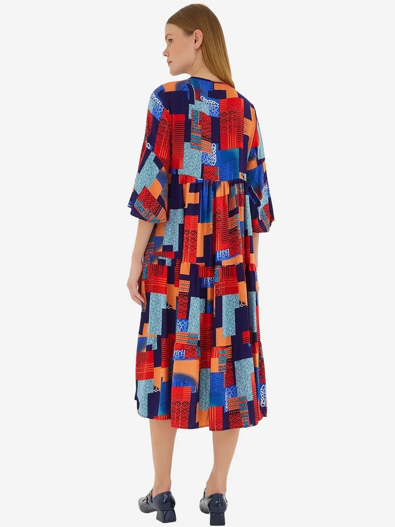 Big Dart Multicolor BDART Patterned V-Neck Midi Dress with Short Sleeves for Women | Best Price UAE