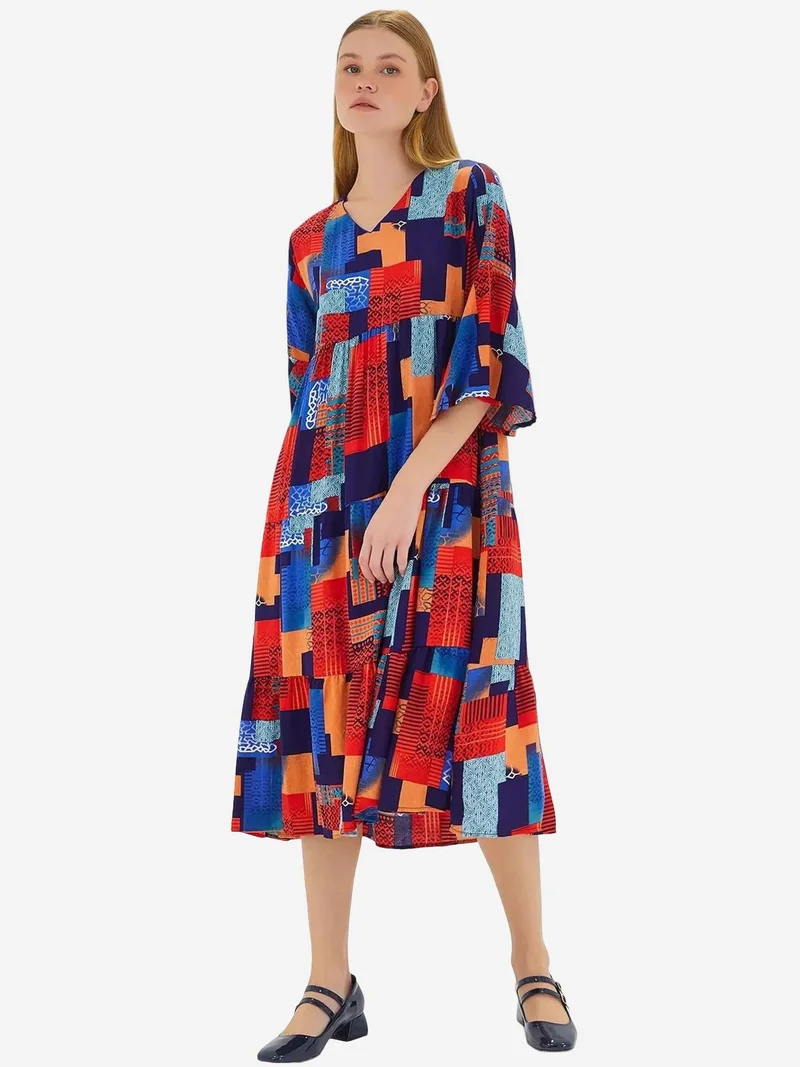 Big Dart Multicolor BDART Patterned V-Neck Midi Dress with Short Sleeves for Women | Best Price UAE