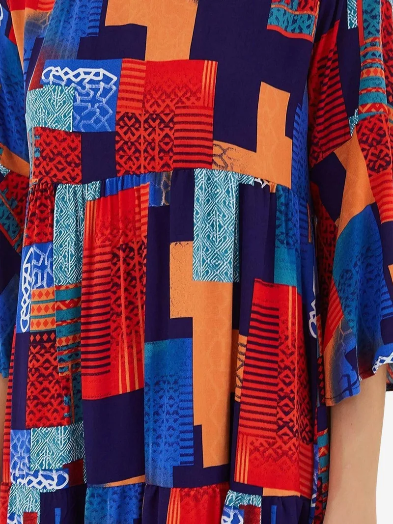 Big Dart Multicolor BDART Patterned V-Neck Midi Dress with Short Sleeves for Women | Best Price UAE