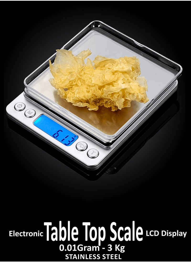 Toshionics - Digital Tabletop Mini Pocket Size Kitchen Food Cooking Scale Machine For Jewellery Spices Herbs With High Precision 0.01x3000 Gram Two Trays Tare Function 9 Measuring Units LCD Display And 2 Bowls - Image 1