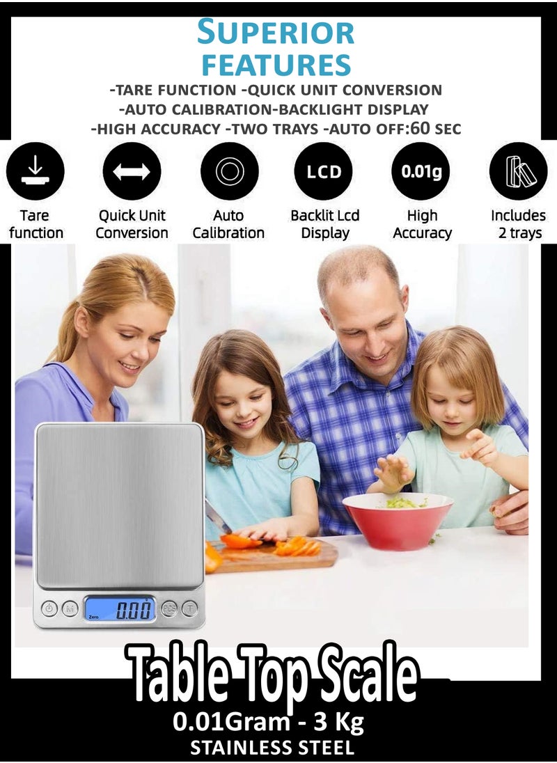 Toshionics - Digital Tabletop Mini Pocket Size Kitchen Food Cooking Scale Machine For Jewellery Spices Herbs With High Precision 0.01x3000 Gram Two Trays Tare Function 9 Measuring Units LCD Display And 2 Bowls - Image 1