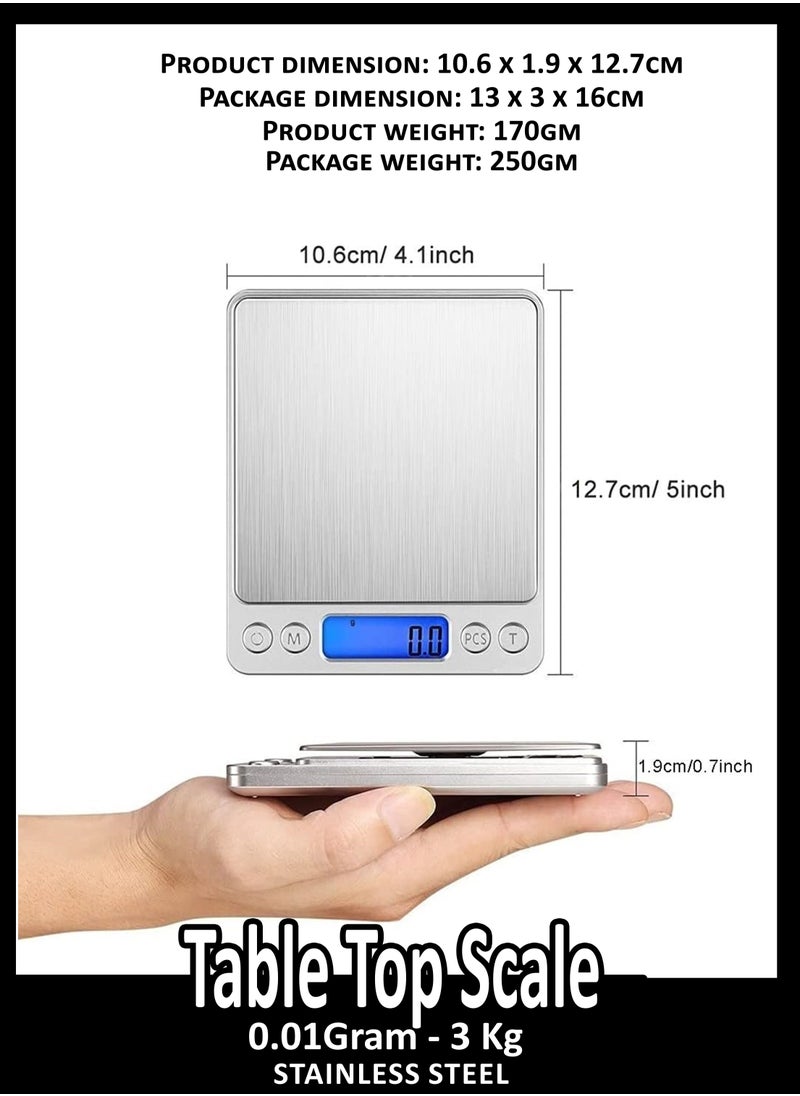 Toshionics - Digital Tabletop Mini Pocket Size Kitchen Food Cooking Scale Machine For Jewellery Spices Herbs With High Precision 0.01x3000 Gram Two Trays Tare Function 9 Measuring Units LCD Display And 2 Bowls - Image 1