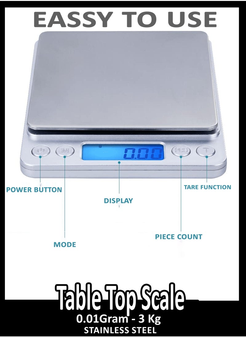 Toshionics - Digital Tabletop Mini Pocket Size Kitchen Food Cooking Scale Machine For Jewellery Spices Herbs With High Precision 0.01x3000 Gram Two Trays Tare Function 9 Measuring Units LCD Display And 2 Bowls - Image 1