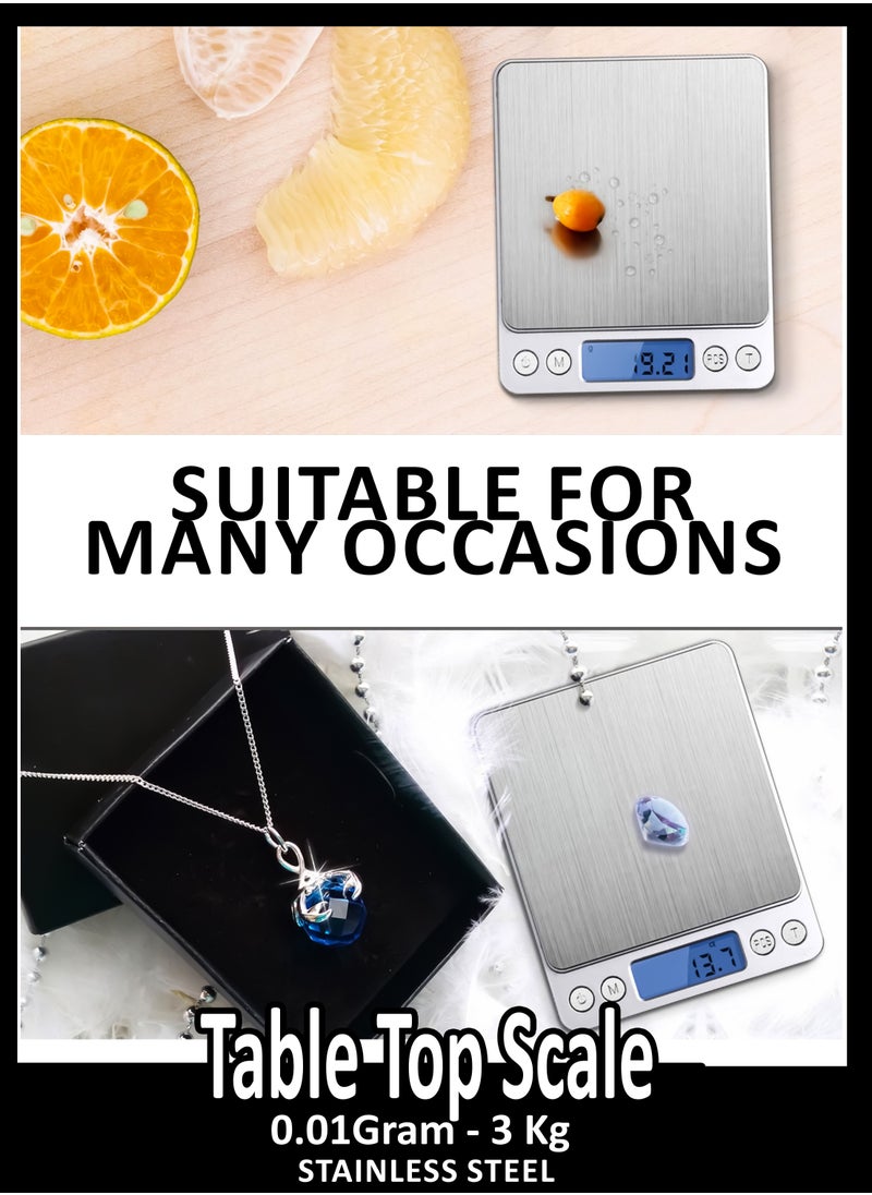 Toshionics - Digital Tabletop Mini Pocket Size Kitchen Food Cooking Scale Machine For Jewellery Spices Herbs With High Precision 0.01x3000 Gram Two Trays Tare Function 9 Measuring Units LCD Display And 2 Bowls - Image 1