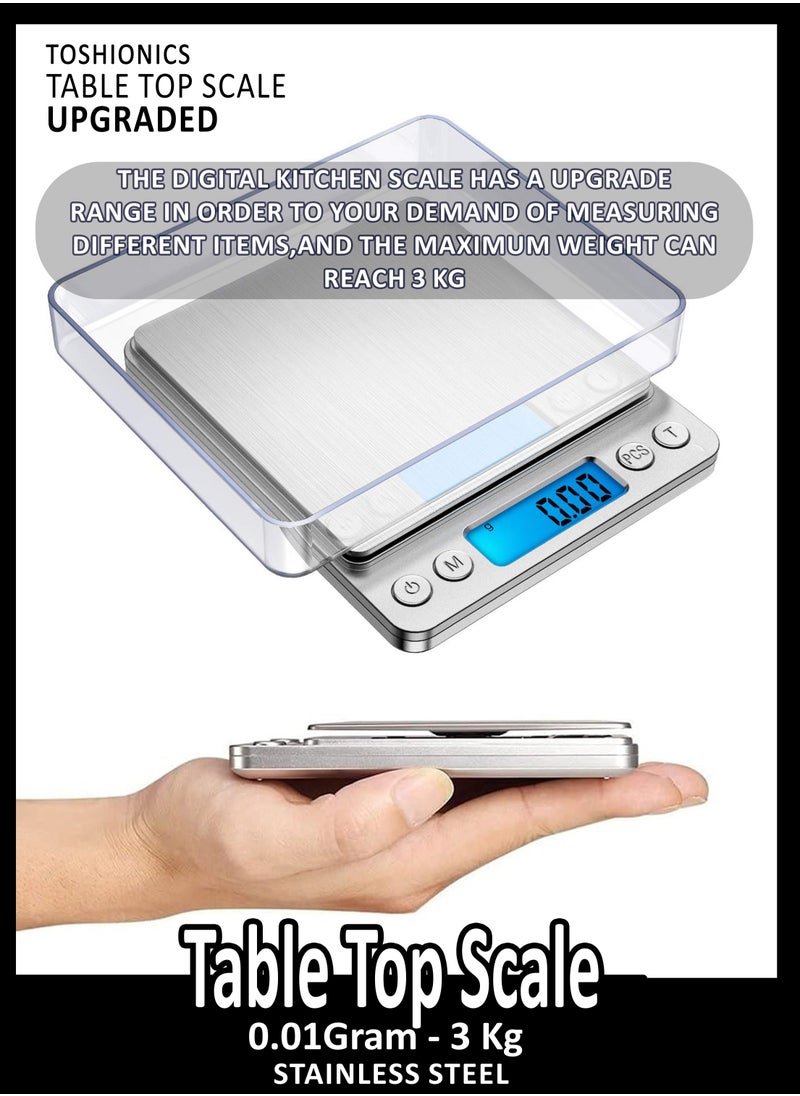 Toshionics - Digital Tabletop Mini Pocket Size Kitchen Food Cooking Scale Machine For Jewellery Spices Herbs With High Precision 0.01x3000 Gram Two Trays Tare Function 9 Measuring Units LCD Display And 2 Bowls - Image 1