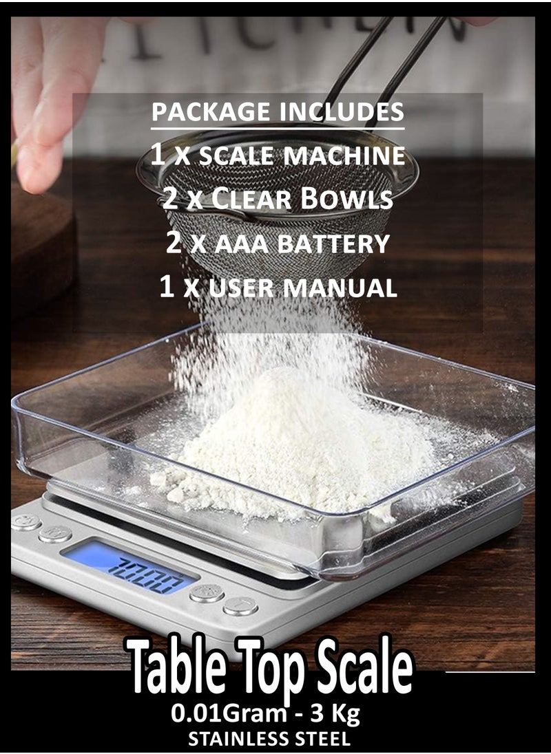 Toshionics - Digital Tabletop Mini Pocket Size Kitchen Food Cooking Scale Machine For Jewellery Spices Herbs With High Precision 0.01x3000 Gram Two Trays Tare Function 9 Measuring Units LCD Display And 2 Bowls - Image 1