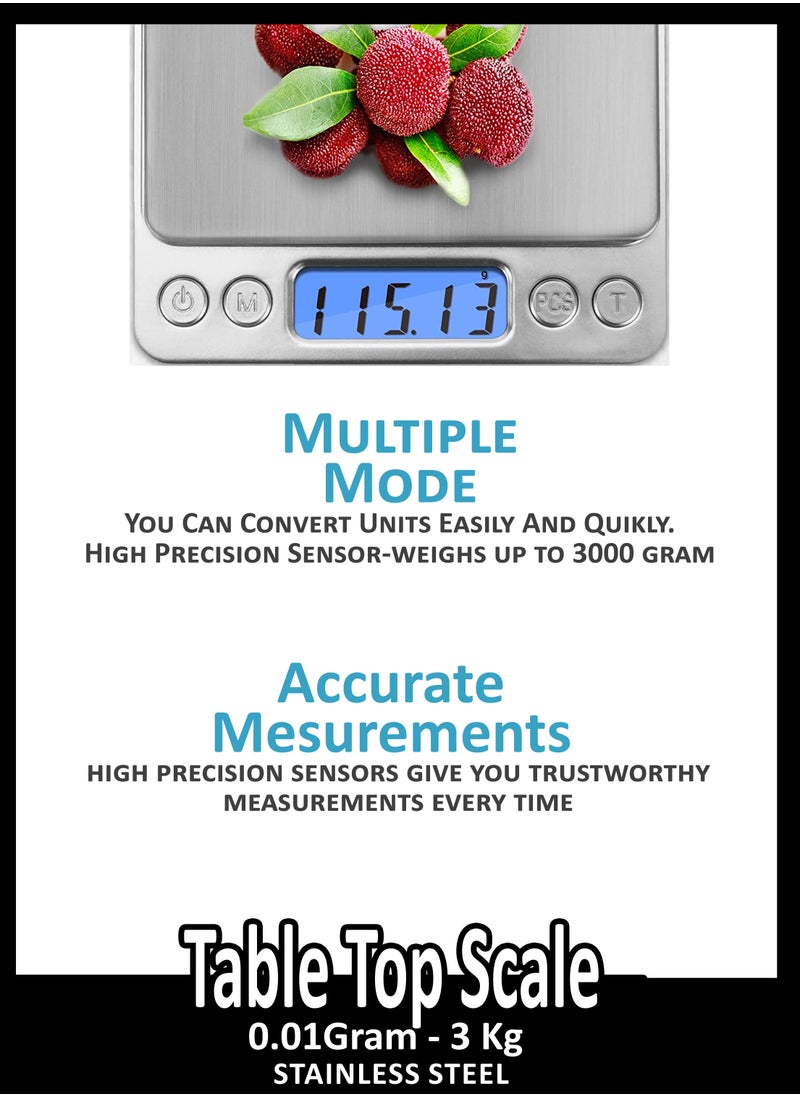 Toshionics - Digital Tabletop Mini Pocket Size Kitchen Food Cooking Scale Machine For Jewellery Spices Herbs With High Precision 0.01x3000 Gram Two Trays Tare Function 9 Measuring Units LCD Display And 2 Bowls - Image 1