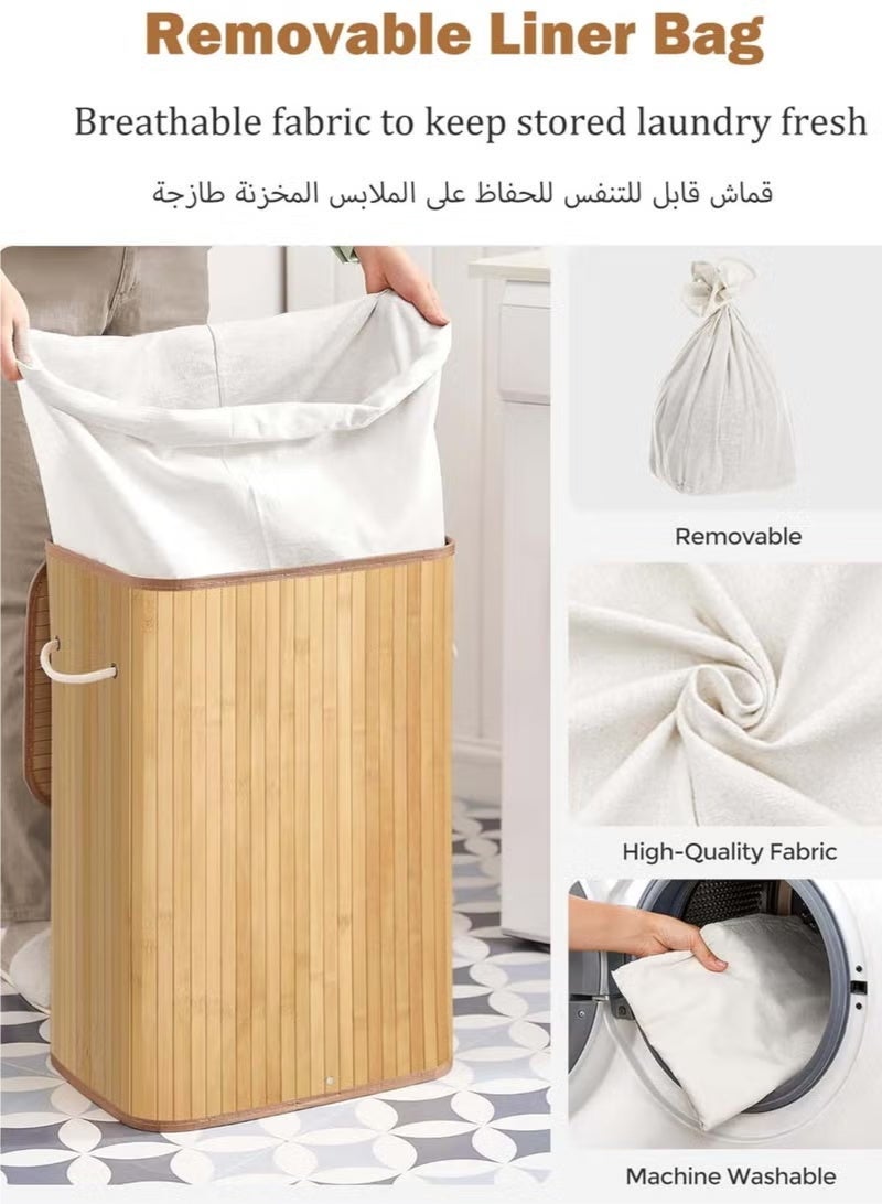 Laundry Basket, Bamboo Laundry Hamper with Lid And Removable Liner, Laundry Bag for Bathroom Bedroom Laundry Room Dorm, 30x40x60cm - Image 2