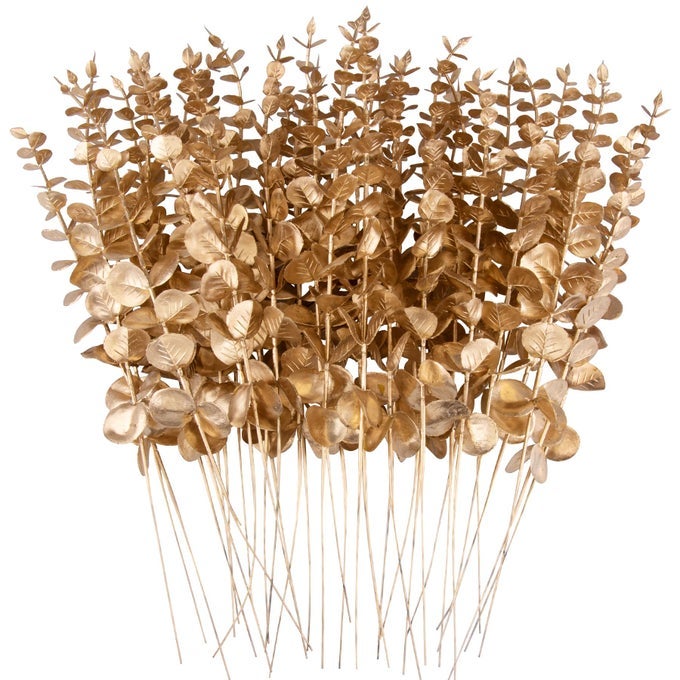 36 Pcs Gold Eucalyptus Stems Artificial Leaves Faux Eucalyptus Stems Branches 15 inch for Wedding Bouquet Home Decor