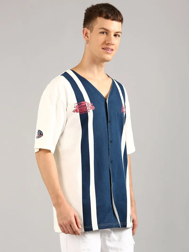 Joven Men White and Navy Printed Pure Cotton Oversized T-Shirt