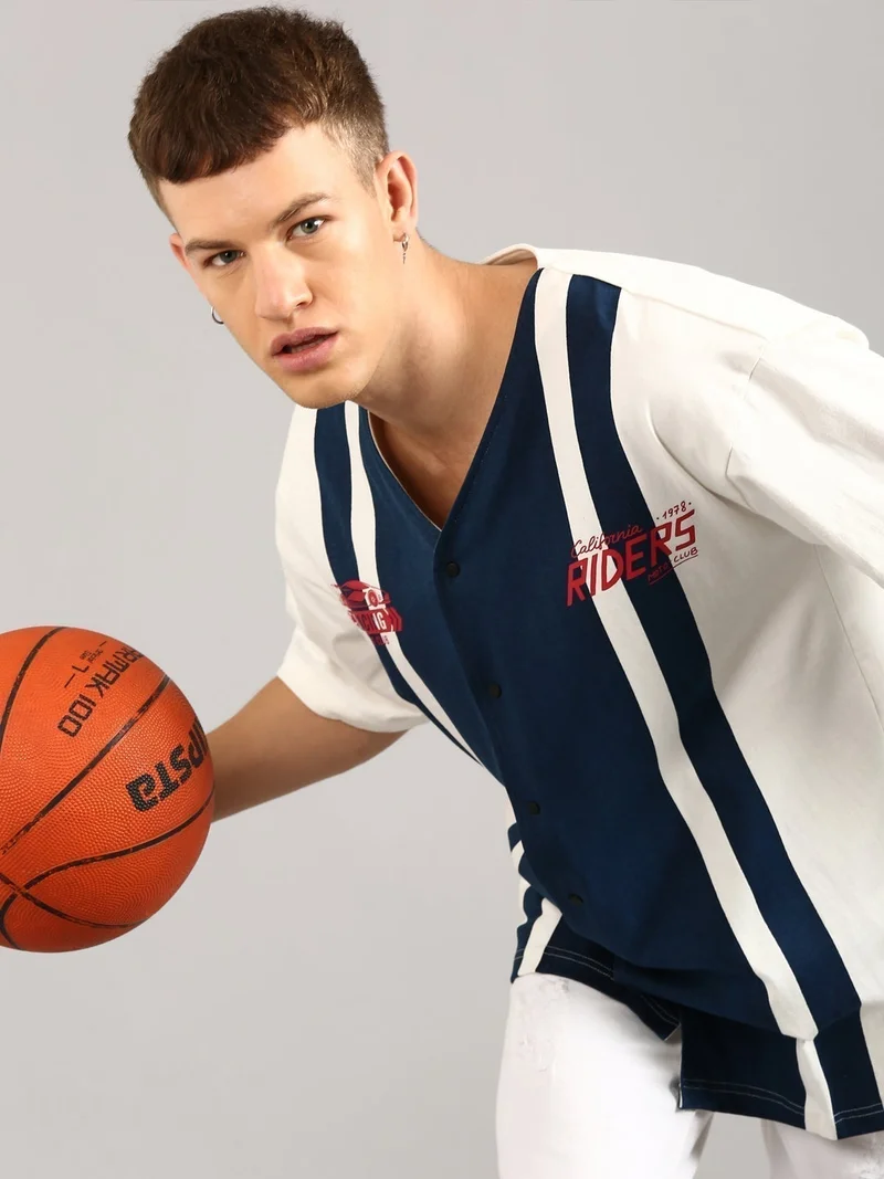 Joven Men White and Navy Printed Pure Cotton Oversized T-Shirt