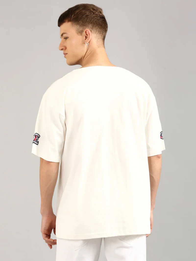 Joven Men White and Navy Printed Pure Cotton Oversized T-Shirt