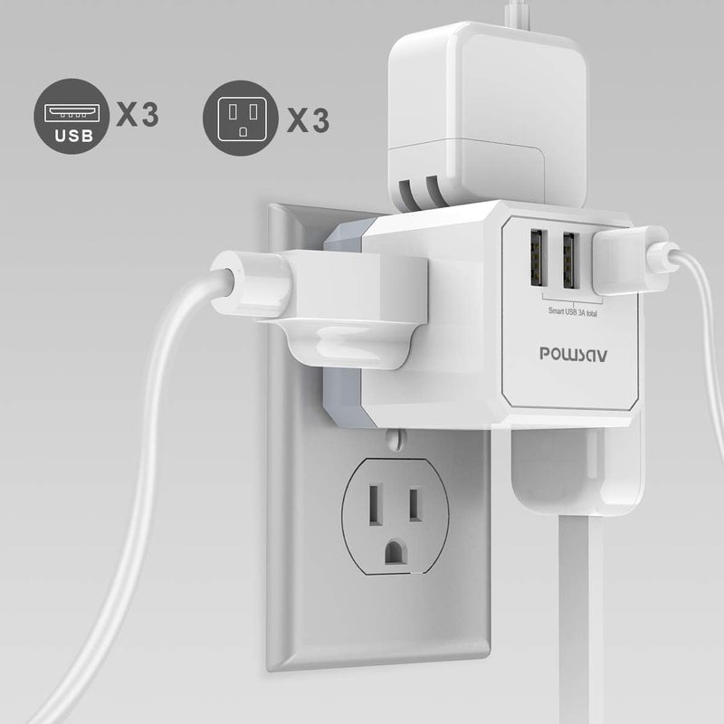 POWSAV 3-Outlet USB Wall Charger and Extender with 3-Way Splitter, ETL Listed - for Home, Office, Cruise Ship - Image 4