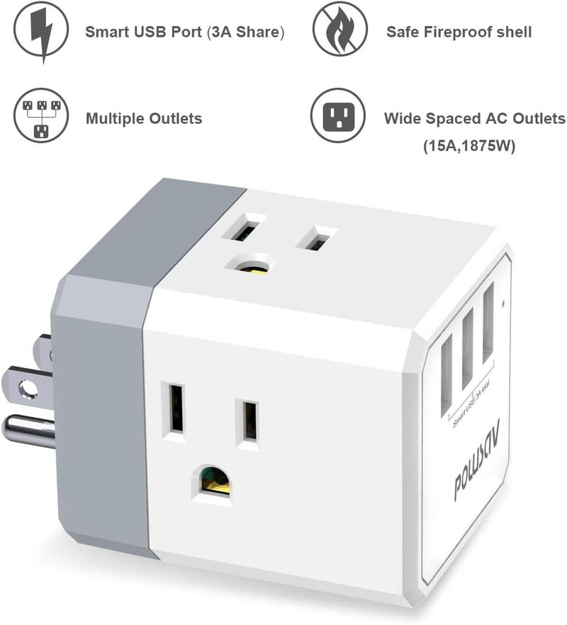 POWSAV 3-Outlet USB Wall Charger and Extender with 3-Way Splitter, ETL Listed - for Home, Office, Cruise Ship - Image 2