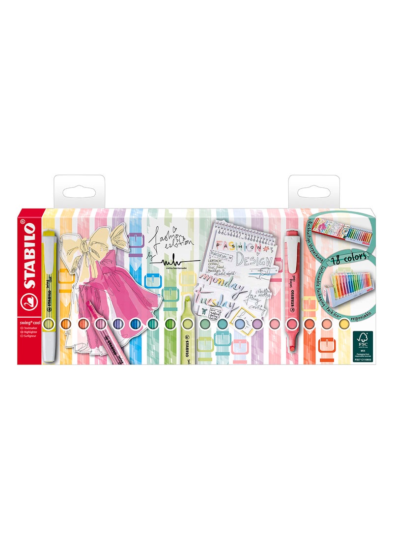 STABILO Highlighter Pen - Swing Cool Deskset of 18 Assorted Colours 8 Neon & 10 Pastel , Anti-Dry Out  - Image 1