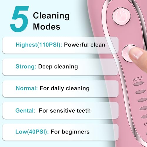 BESTOPE Rechargeable Dental Flosser Oral Irrigator with 300ml Water Tank | 5 Modes | 8 Replaceable Jet Tips |IPX7 Waterproof (Pink) - Image 3