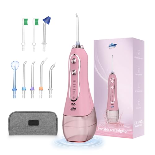 BESTOPE Rechargeable Dental Flosser Oral Irrigator with 300ml Water Tank | 5 Modes | 8 Replaceable Jet Tips |IPX7 Waterproof (Pink) - Image 1