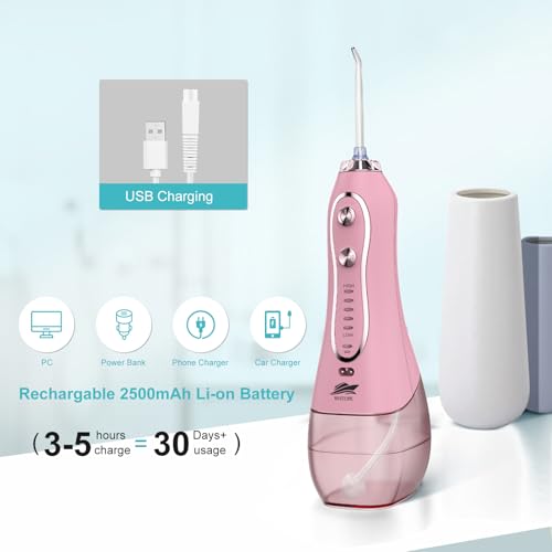 BESTOPE Rechargeable Dental Flosser Oral Irrigator with 300ml Water Tank | 5 Modes | 8 Replaceable Jet Tips |IPX7 Waterproof (Pink) - Image 5