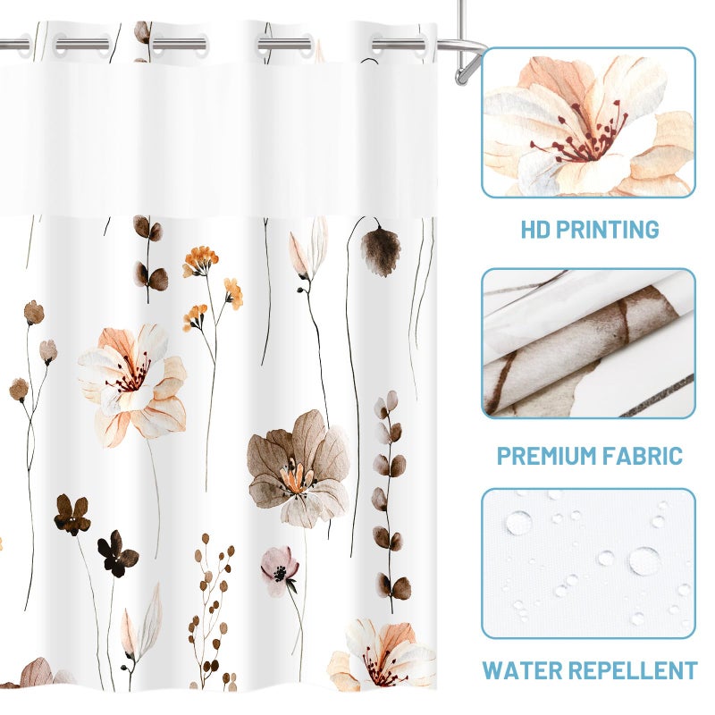 WITHLOC No Hook Shower Curtain with Snap in Liner - Floral Shower Curtain - Fabric Waterproof Inner Liner, Plants Watercolor Brown Modern Cloth Shower Curtains - Machine Washable, 71 x 74 - Image 4