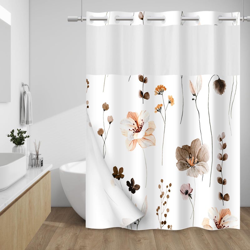 WITHLOC No Hook Shower Curtain with Snap in Liner - Floral Shower Curtain - Fabric Waterproof Inner Liner, Plants Watercolor Brown Modern Cloth Shower Curtains - Machine Washable, 71 x 74 - Image 1