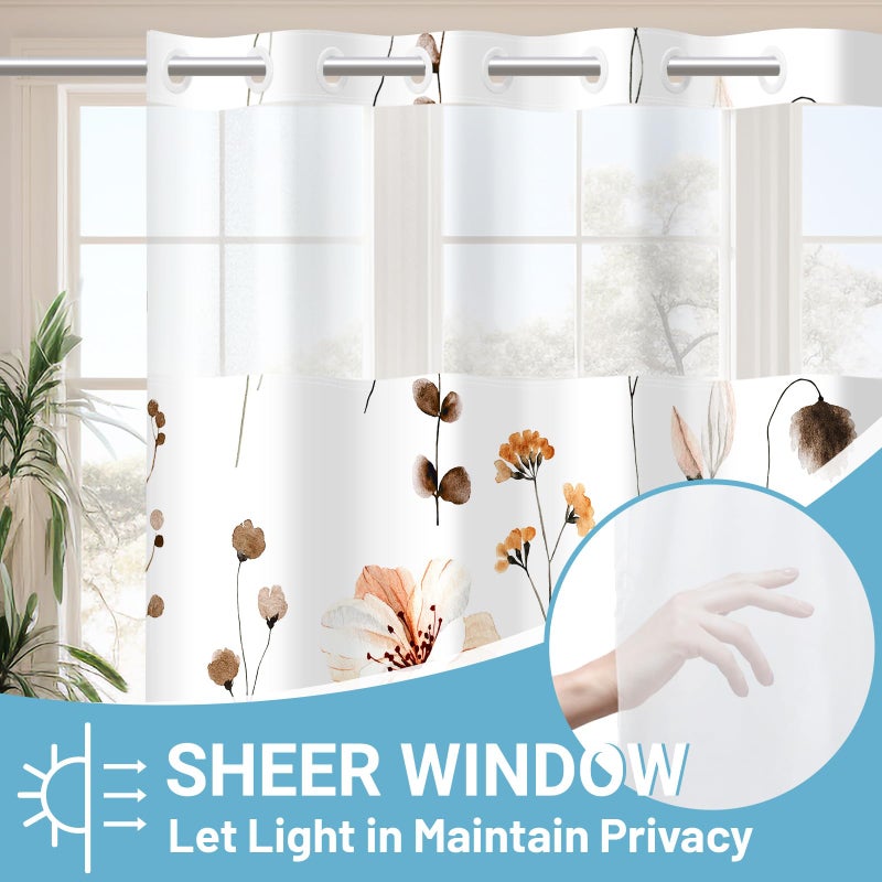 WITHLOC No Hook Shower Curtain with Snap in Liner - Floral Shower Curtain - Fabric Waterproof Inner Liner, Plants Watercolor Brown Modern Cloth Shower Curtains - Machine Washable, 71 x 74 - Image 2