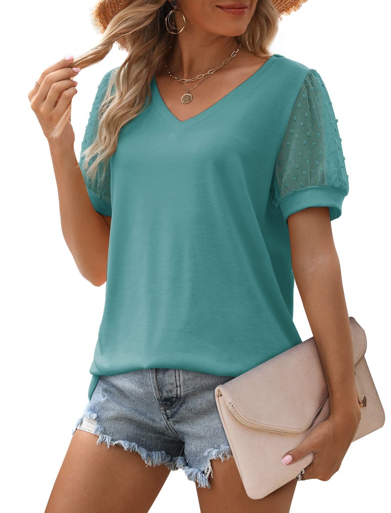 Aokosor Womens Short Sleeve Shirts to Wear with Leggings Summer Casual Vneck Tops Blue L - Image 2