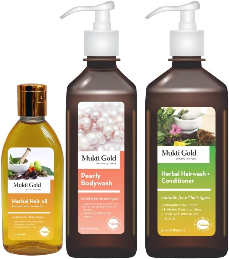 Axiom Mukti Gold Combo  Pearly Bodywash 250ml + Hair Oil 100ml + Herbal Hairwash 400ml with Conditioner  WHO GLP  GMP  ISO Certified Products - Image 1