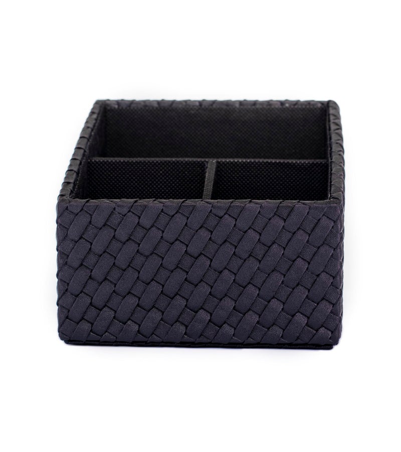 Premsons® Remote Holder – 3-Compartment Braided Vegan Leather Organizer | Leatherette Stationery & Remote Stand for Living Room, Office, Bedroom, Kitchen – Black - Image 1