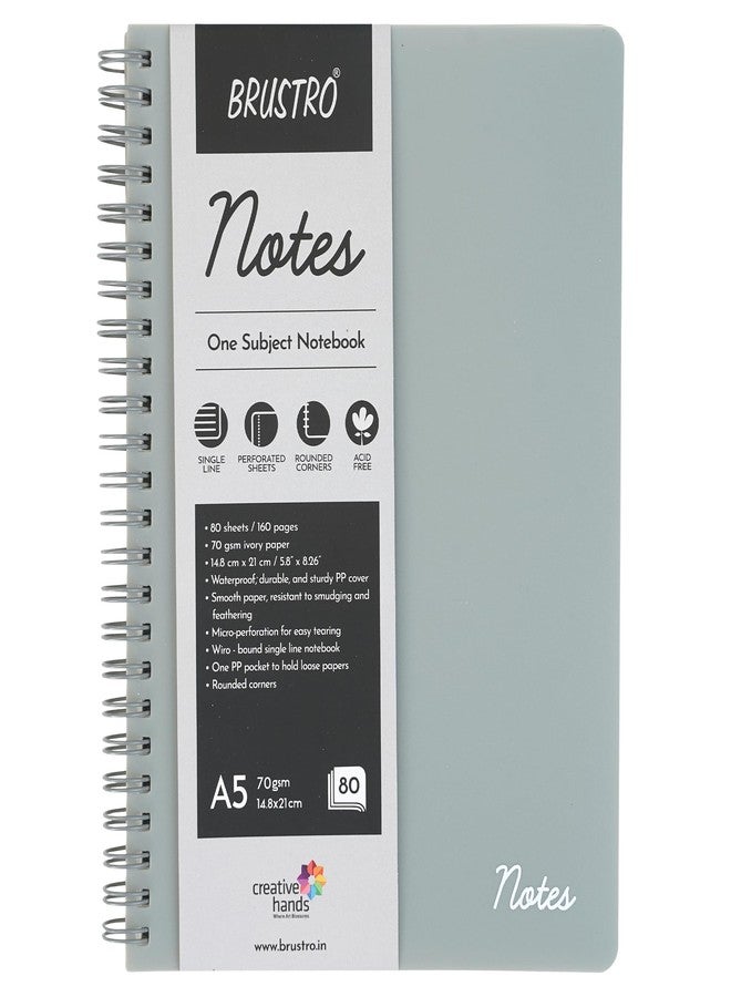 Brustro Notes A5 Size, 1 Subject Ruled Notebook, 80 Sheets / 160 Pages, 70 GSM Ivory Paper, Slate Cover, Wiro Bound Design, Rounded Corners, Micro-Perforated Sheets with One Convenient PP Pocket - Image 1