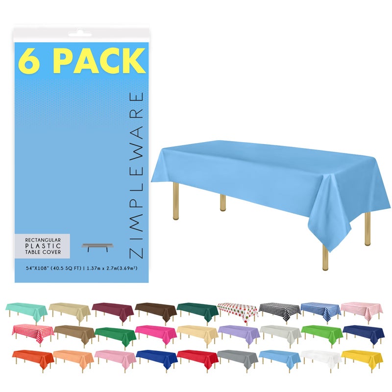 ZIMPLEWARE Premium Sky Blue Plastic Table Cloth Disposable 6 Pk Plastic Tablecloths for Rectangle Tables 54in x 108in Party Table Cloths Disposable for 6ft to 8ft Rectangle Tables