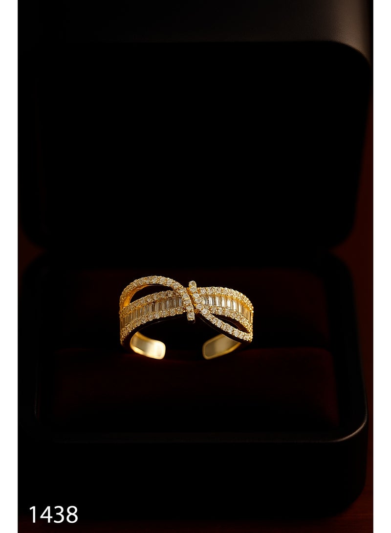 3Diamonds Gold Plated Bow Tie Ring – Elegant Open Design with Rectangular & Round Zircon Stones - Image 1