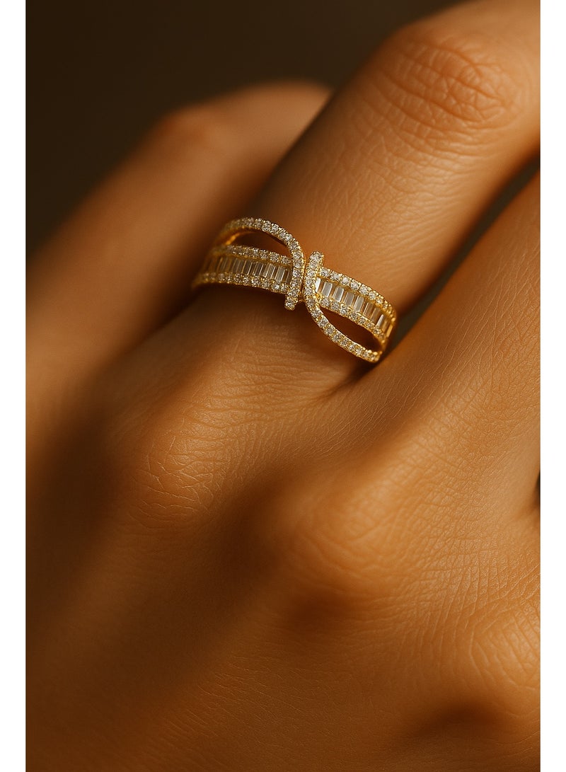 3Diamonds Gold Plated Bow Tie Ring – Elegant Open Design with Rectangular & Round Zircon Stones - Image 2