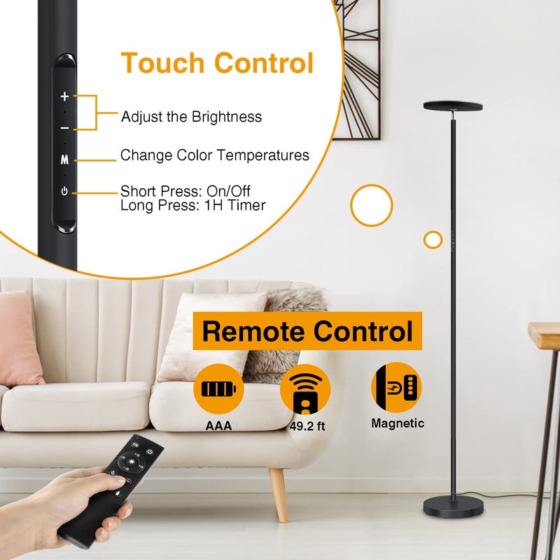 OUTON Floor Lamp, 30W/3000LM LED Modern Torchiere Sky Lamp, Super Bright Dimmable Standing Tall Lamp with 4 Color Temperatures, Remote Touch Control, 1 Hour Timer for Living Room Bedroom Office, Black - Image 3