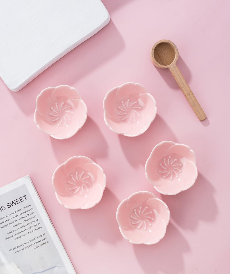 Jusalpha 5 PC Pink Cherry Blossom Ceramic Sauce Dish, Seasoning Dish, Sushi Soy Dipping Bow, Dessert Bowl, Appetizer Plates, Serving Dish for Kitchen Home (Pink, Set of 5) - Image 2