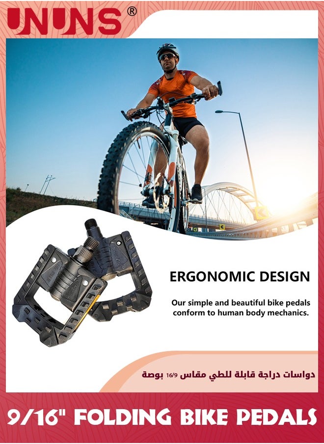 UNUNS Folding Bike Pedals,9/16'' Bicycle Pedals With Reflective Strips,Durable Bicycle Flat Pedals,Non-Slip Waterproof Mountain Bike Pedals,Wide Flat Cycling Pedals For MTB,E-Bike Urban,Commute Bike  - Image 5