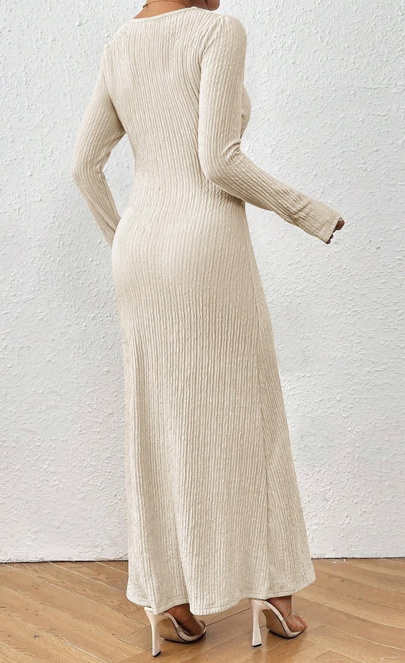 MITILLY Fall Maxi Dresses for Women 2026 Formal Long Sleeve Bodycon Dress Slim Fit Ruched Textured Cocktail Long Dress Small Apricot - Image 3