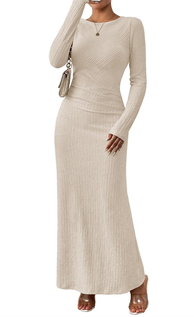 MITILLY Fall Maxi Dresses for Women 2026 Formal Long Sleeve Bodycon Dress Slim Fit Ruched Textured Cocktail Long Dress Small Apricot - Image 1