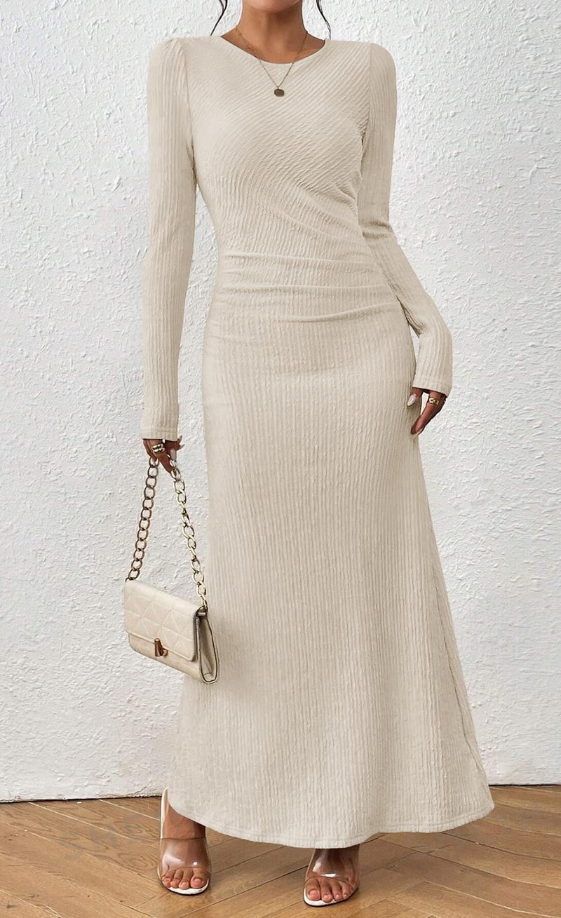 MITILLY Fall Maxi Dresses for Women 2026 Formal Long Sleeve Bodycon Dress Slim Fit Ruched Textured Cocktail Long Dress Small Apricot - Image 2