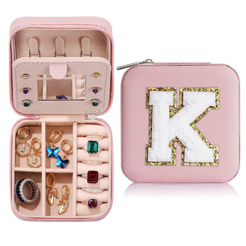 Parima Gifts for Women Personalized Gift for Women Birthday Gift for Woman Travel Gifts Small Gifts Cute Travel Jewelry Cases Small Jewelry Box Letter K Pink