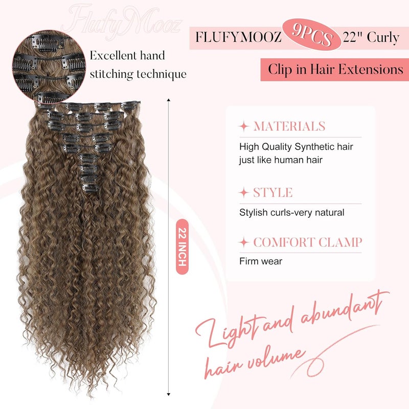 Flufymooz 9PCS Clip in Hair Extensions 22 Inch Curly Hair Extension Long Soft Synthetic Hairpieces for Women (Dark Ash Brown) - Image 2